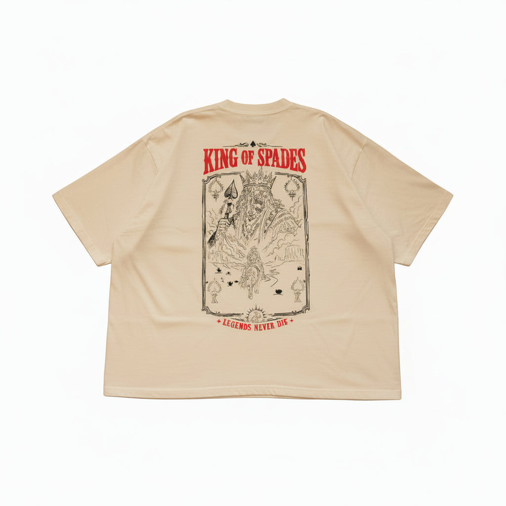 Beige t-shirt with graphic design and text on a textured surface